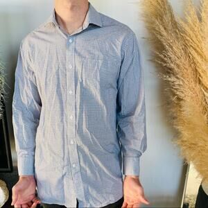 MENS TOMMY HILFIGER White Blue Checked Business Casual Button Down Dress Shirt M